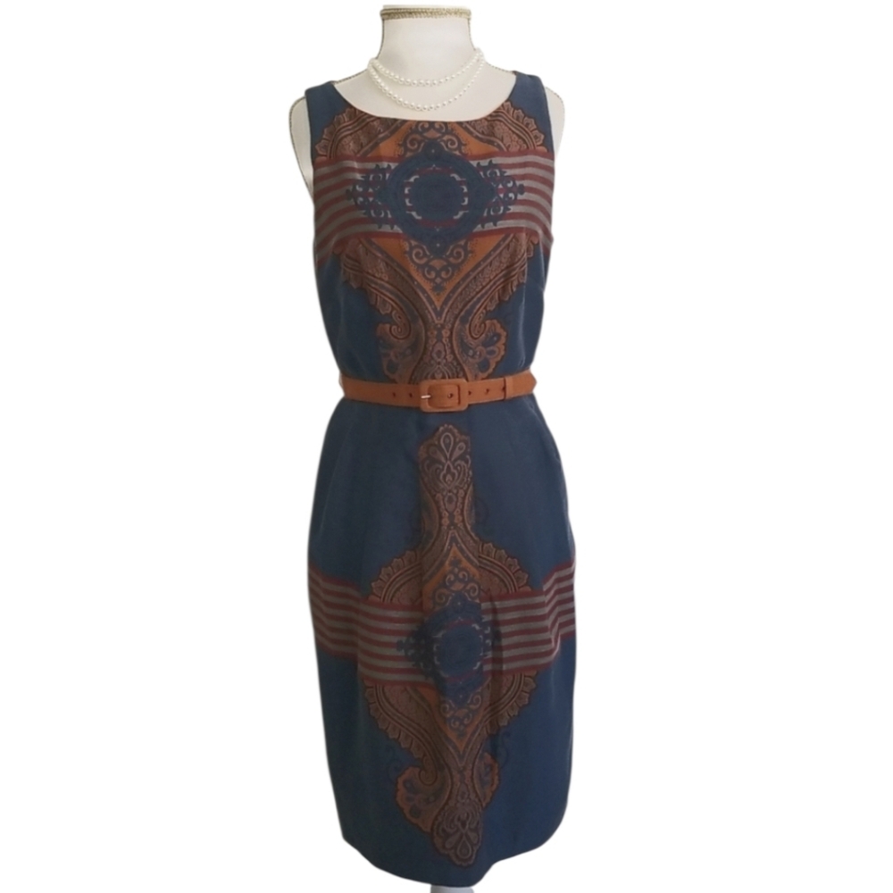 Eva Franco Anthropologie Blue/Orange Floral Paisley Print Belted Sheath Dress